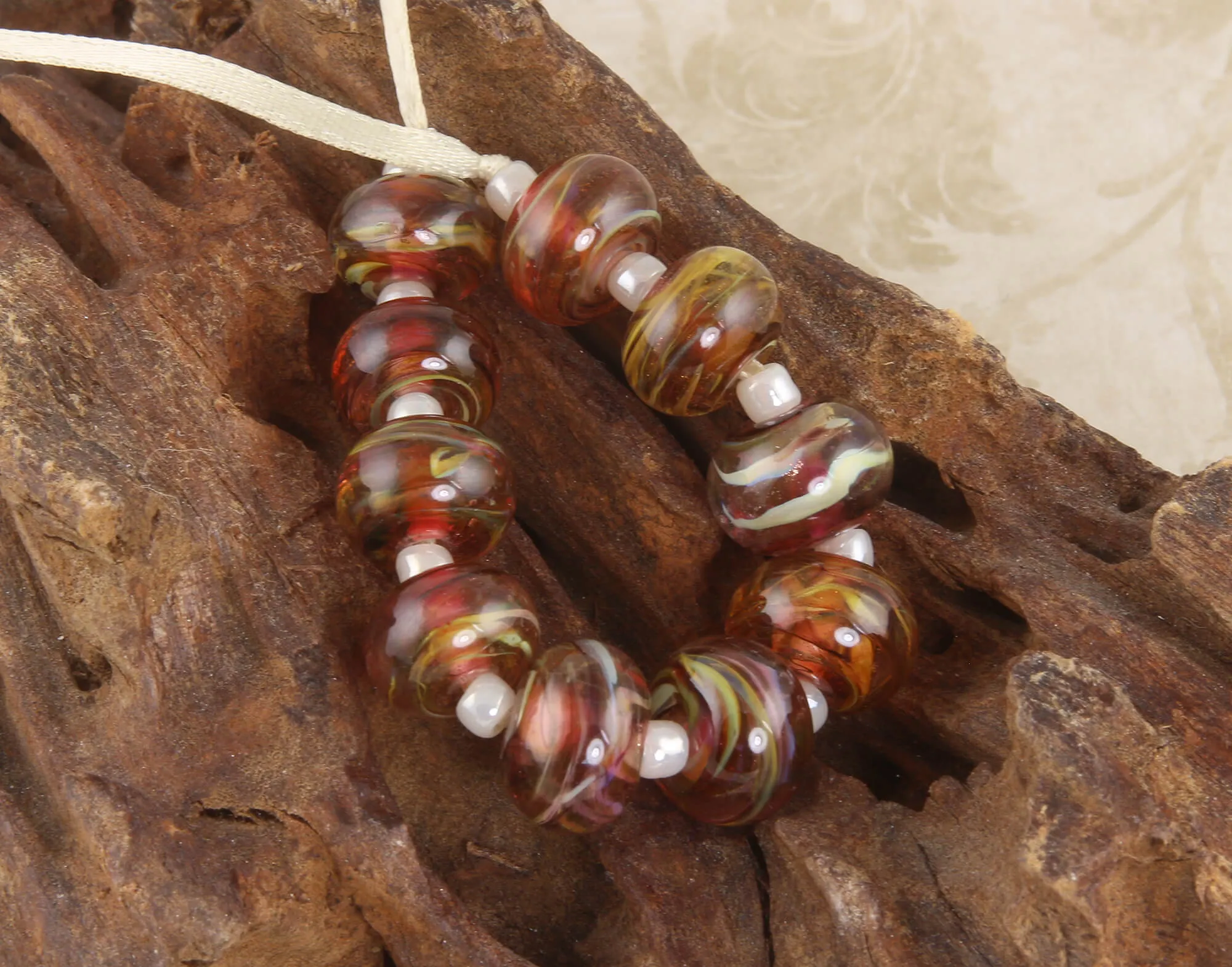 10 Ruby Brown Swirls Lampwork Beads SRA