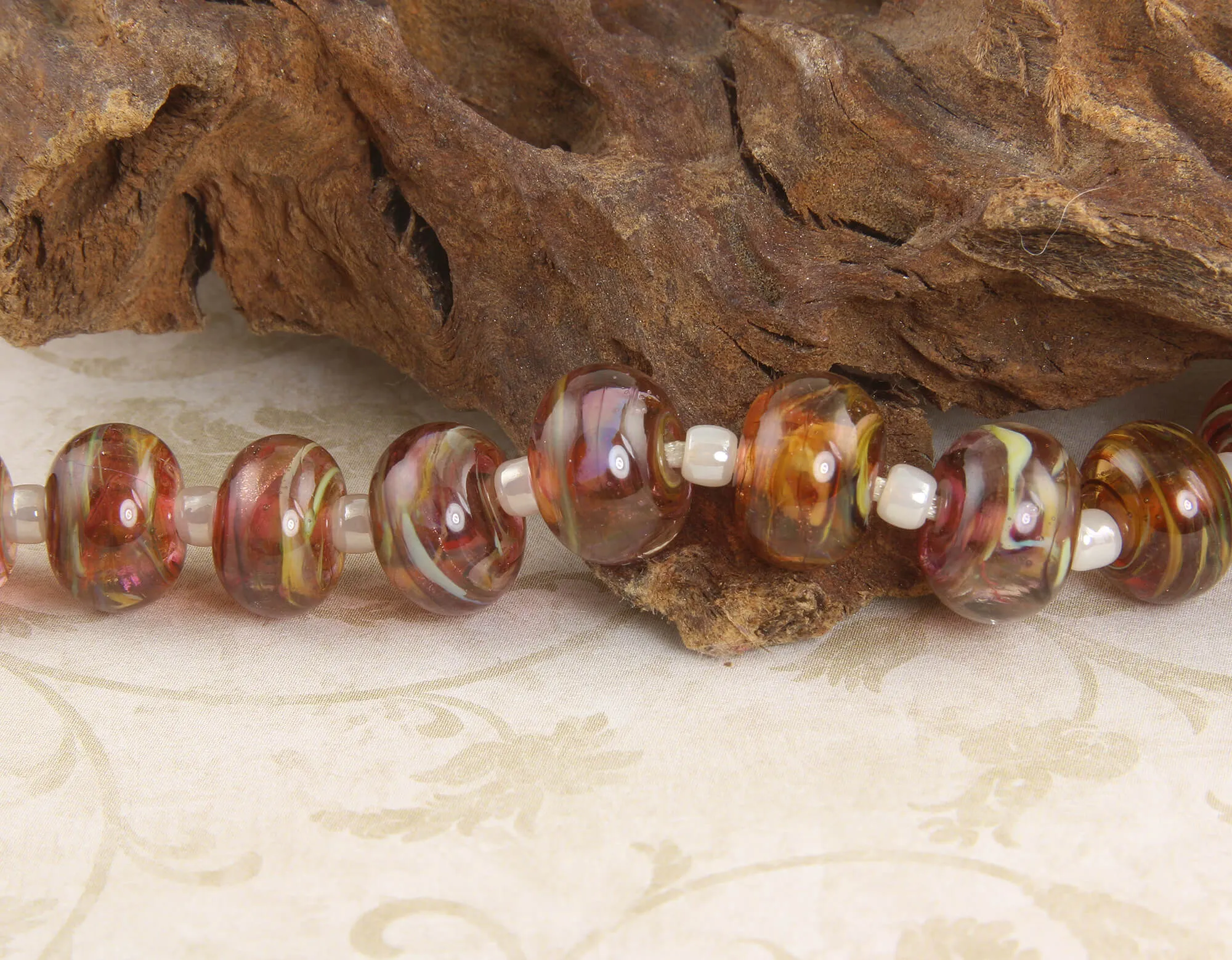 10 Ruby Brown Swirls Lampwork Beads SRA