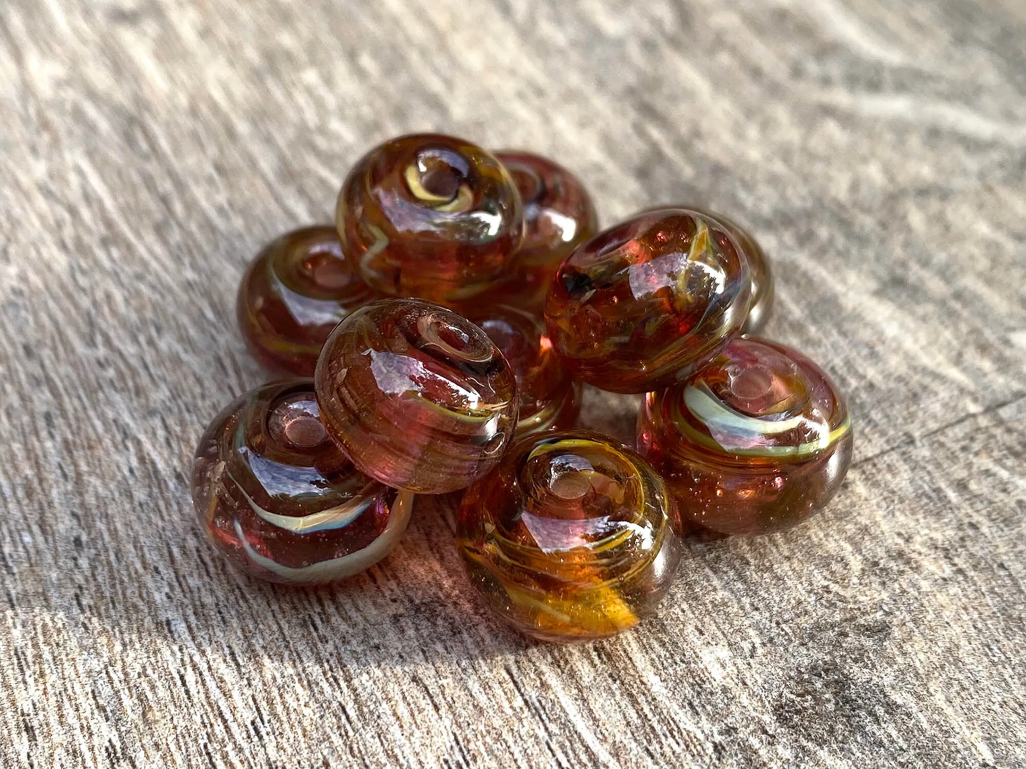 10 Ruby Brown Swirls Lampwork Beads SRA