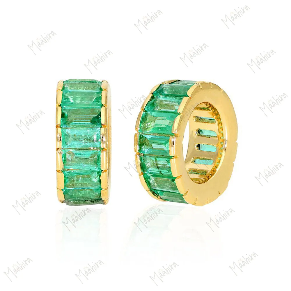 14k Gold Emerald Rondelle Bead / Roundel Bead Charm 4x9mm