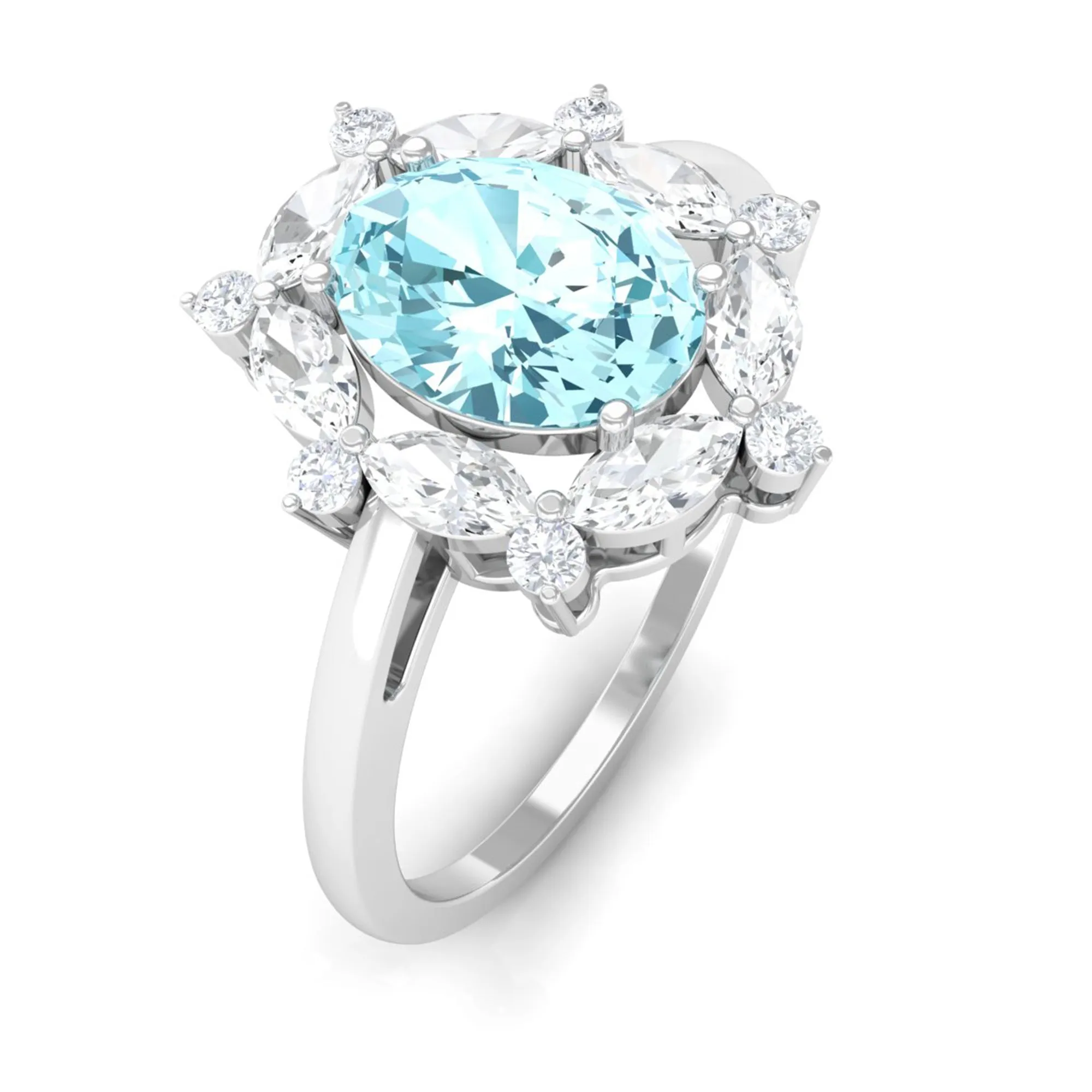 1.75 CT Aquamarine Designer Halo Engagement Ring with Moissanite