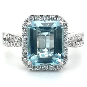 18ct White Gold Earth Grown Aquamarine and Laboratory Grown Diamond Halo Ring