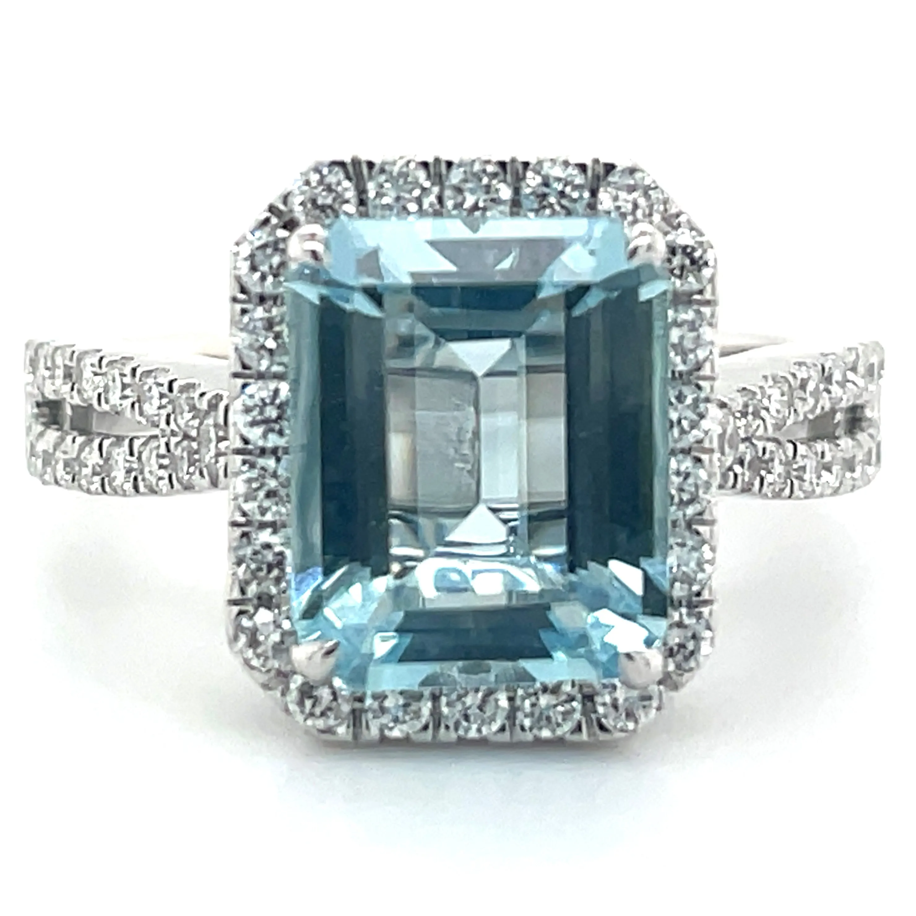 18ct White Gold Earth Grown Aquamarine and Laboratory Grown Diamond Halo Ring