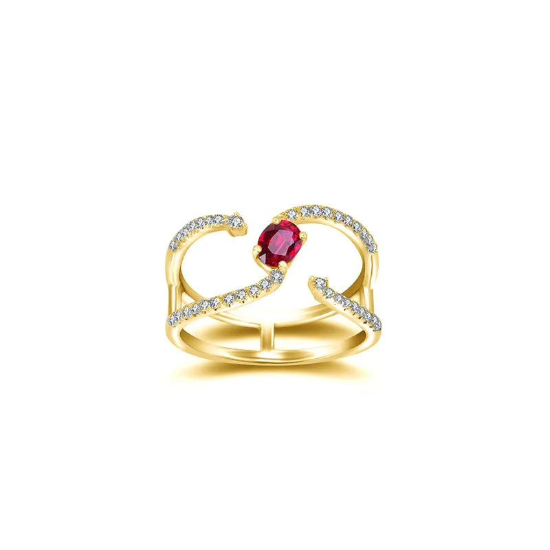 18k Gold Single Ruby Connected Diamond Ring