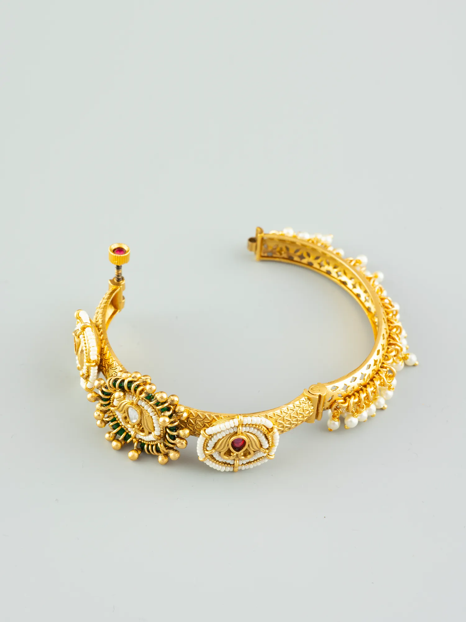 24K Gold Plated Pearl and Emerald Studded Kada