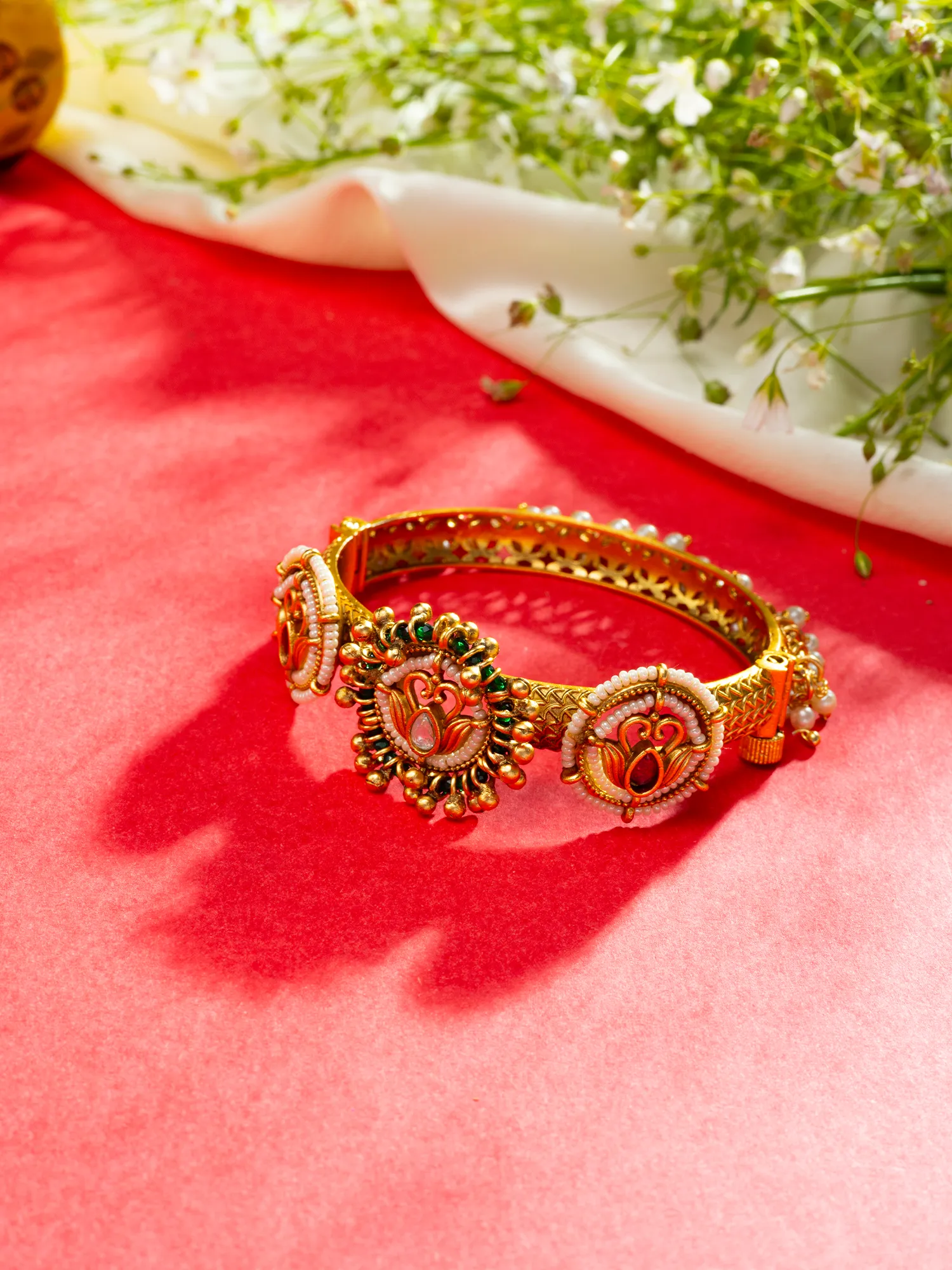 24K Gold Plated Pearl and Emerald Studded Kada