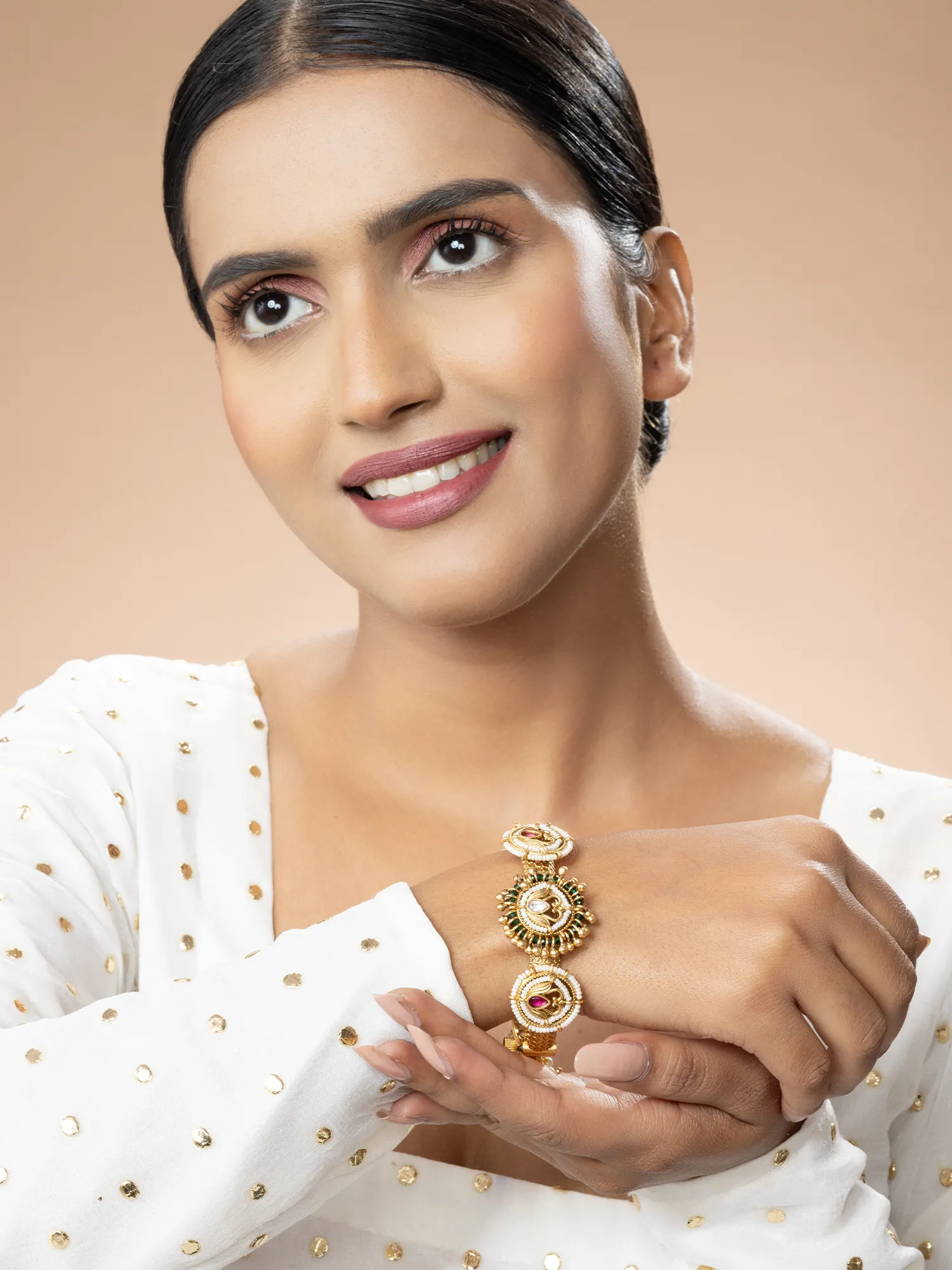 24K Gold Plated Pearl and Emerald Studded Kada