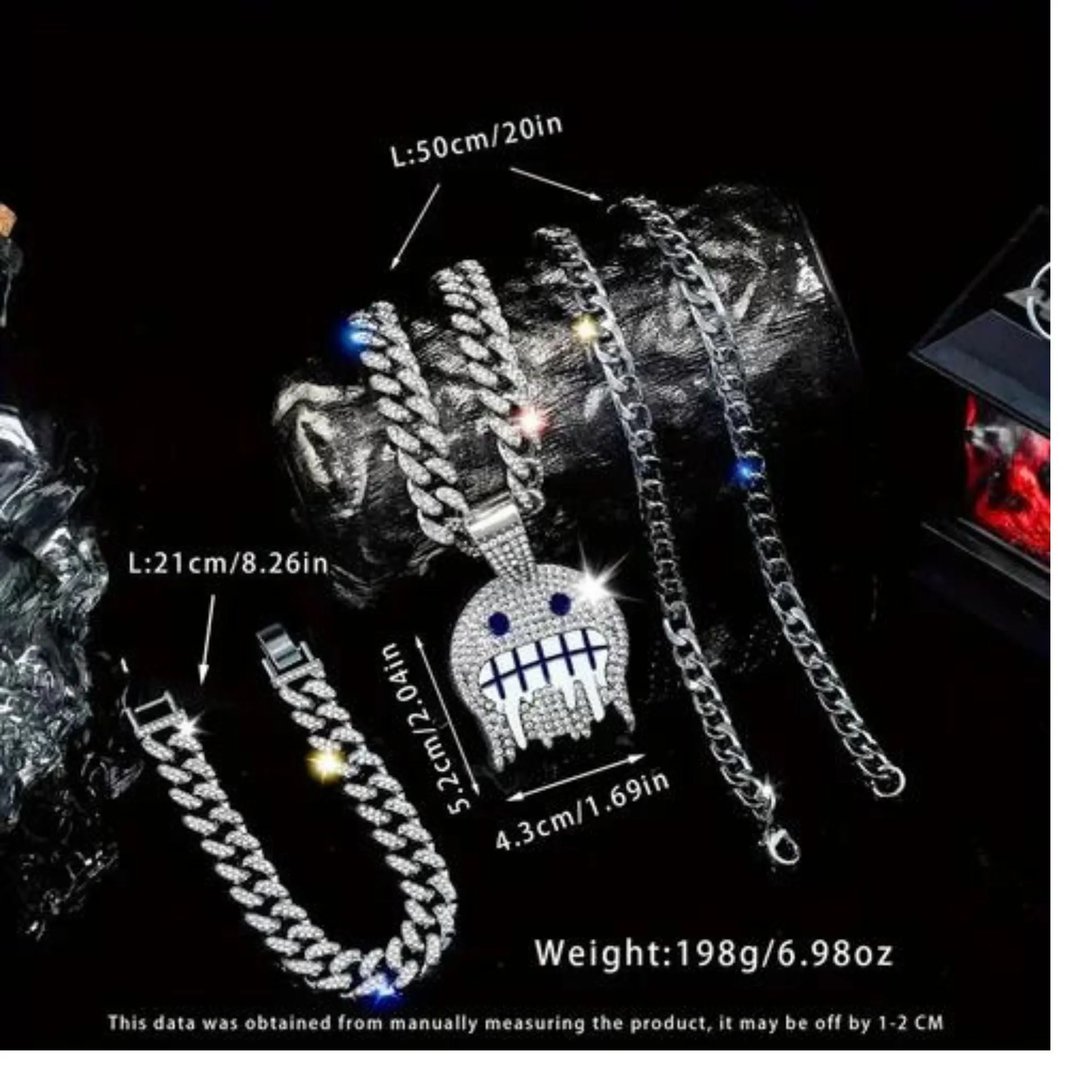 3pcs Creative Cold Expression Hip Hop Style Punk Cuban Chain Bracelet Necklace