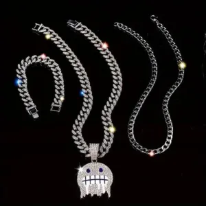 3pcs Creative Cold Expression Hip Hop Style Punk Cuban Chain Bracelet Necklace