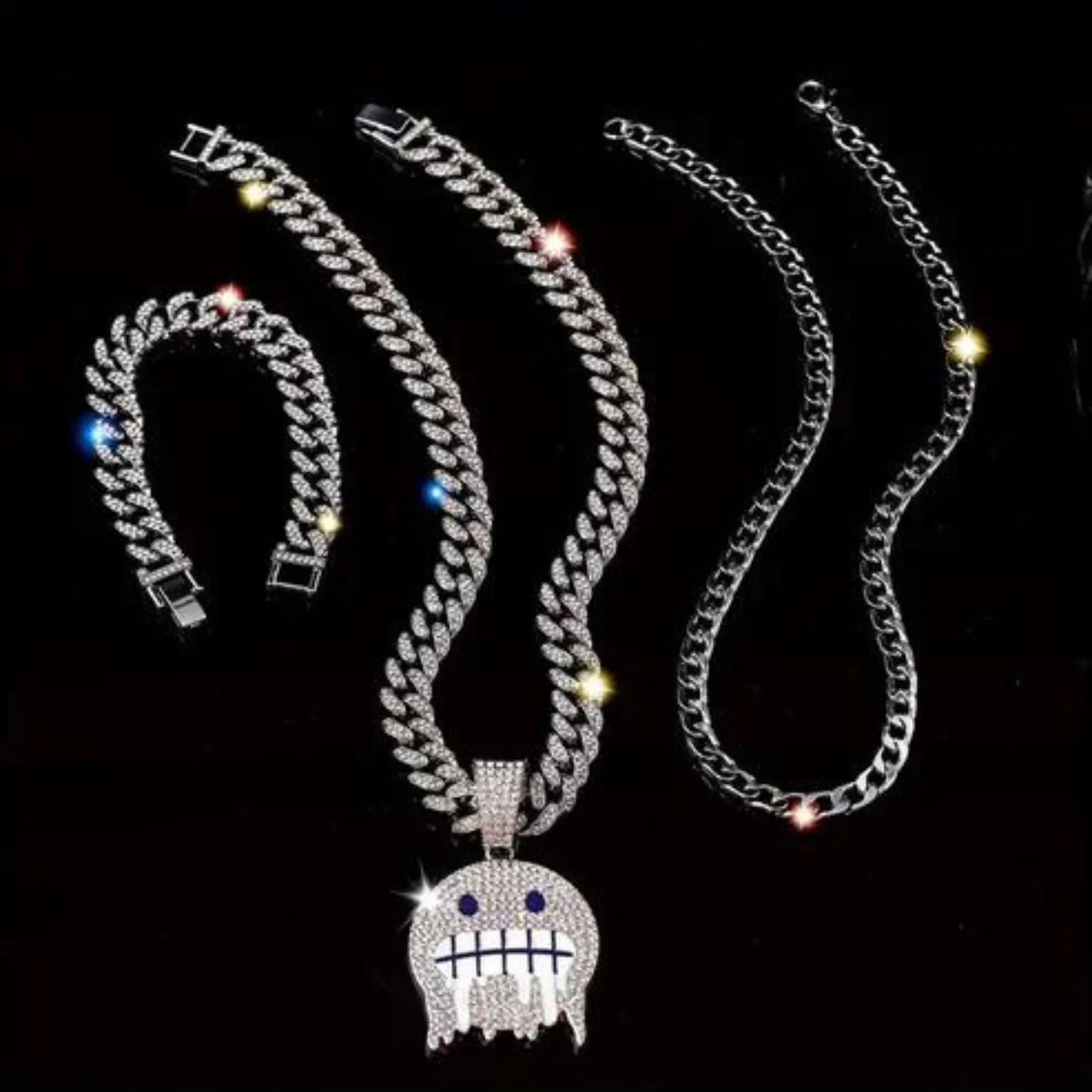 3pcs Creative Cold Expression Hip Hop Style Punk Cuban Chain Bracelet Necklace