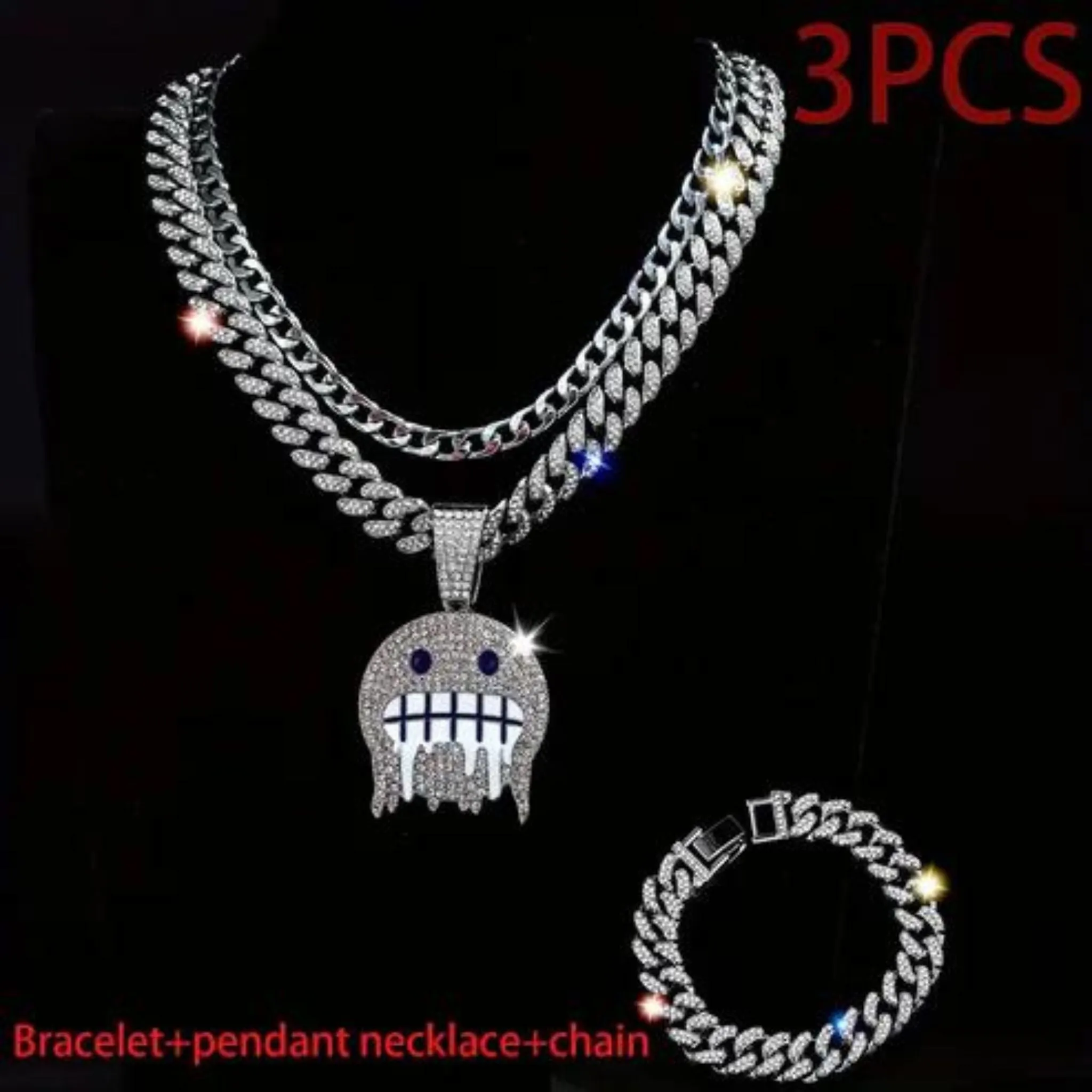 3pcs Creative Cold Expression Hip Hop Style Punk Cuban Chain Bracelet Necklace