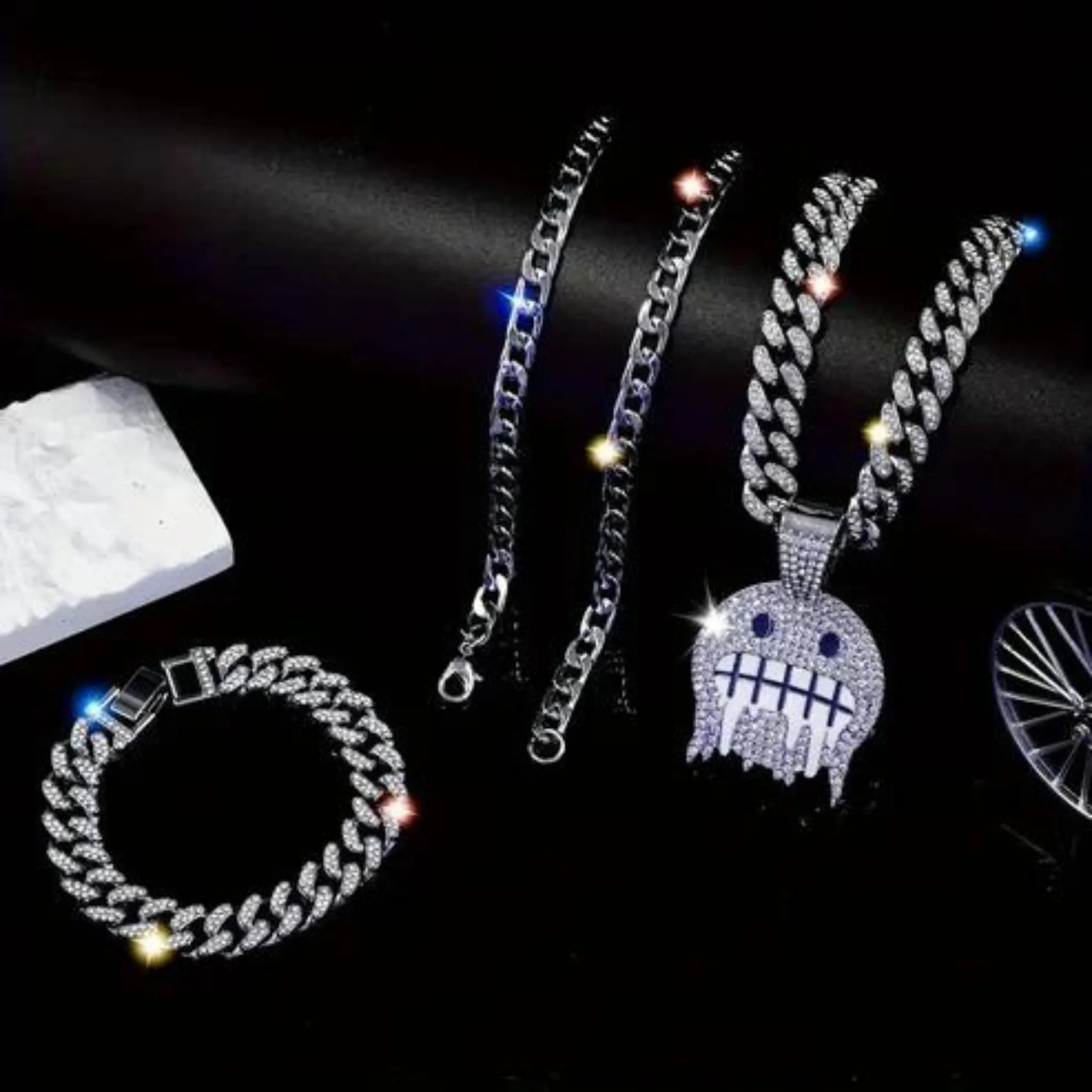 3pcs Creative Cold Expression Hip Hop Style Punk Cuban Chain Bracelet Necklace