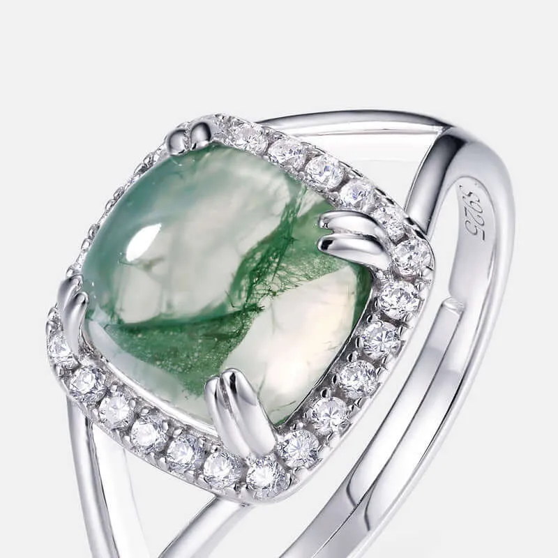 925 Sterling Silver Cushion Moss Agate Engagement Adjustable Ring