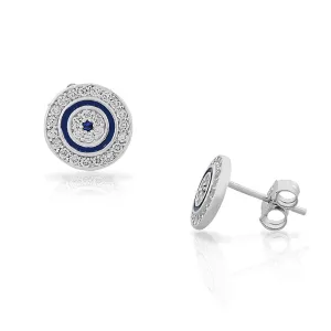 925 Sterling Silver White Blue CZ Evil Eye Hamsa Womens Girls Round Stud Earrings