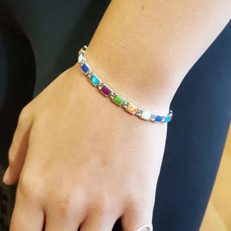 Arizona Turquoise and Inlaid Jewelry Multicolored Rectangle Link Bracelet