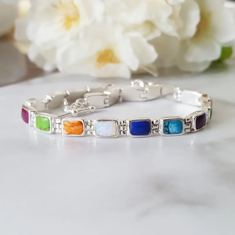 Arizona Turquoise and Inlaid Jewelry Multicolored Rectangle Link Bracelet