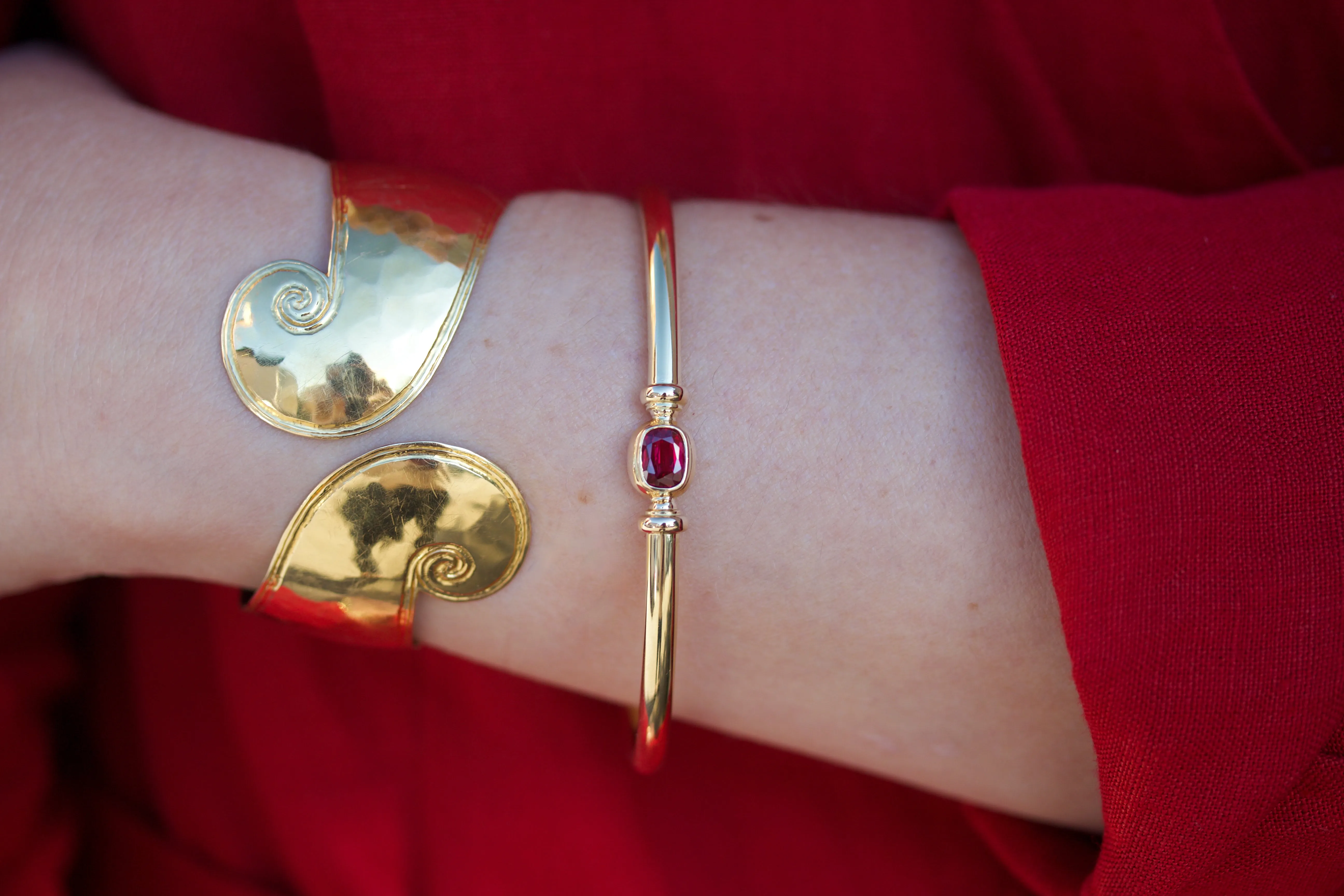 Bangle Bracelet with Cushion Cut Ruby