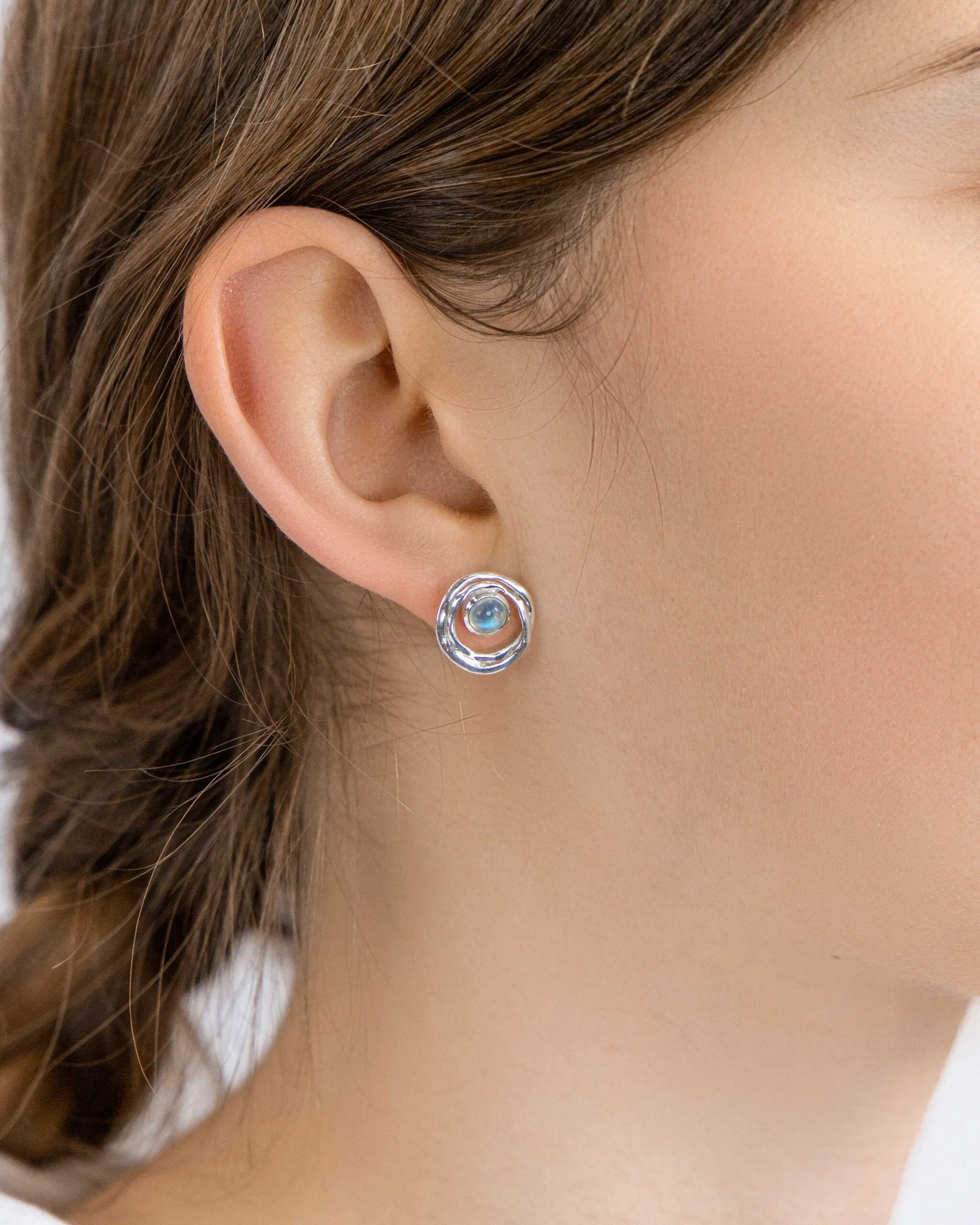Banyan Sterling Silver Stud Earrings with Rainbow Moonstone