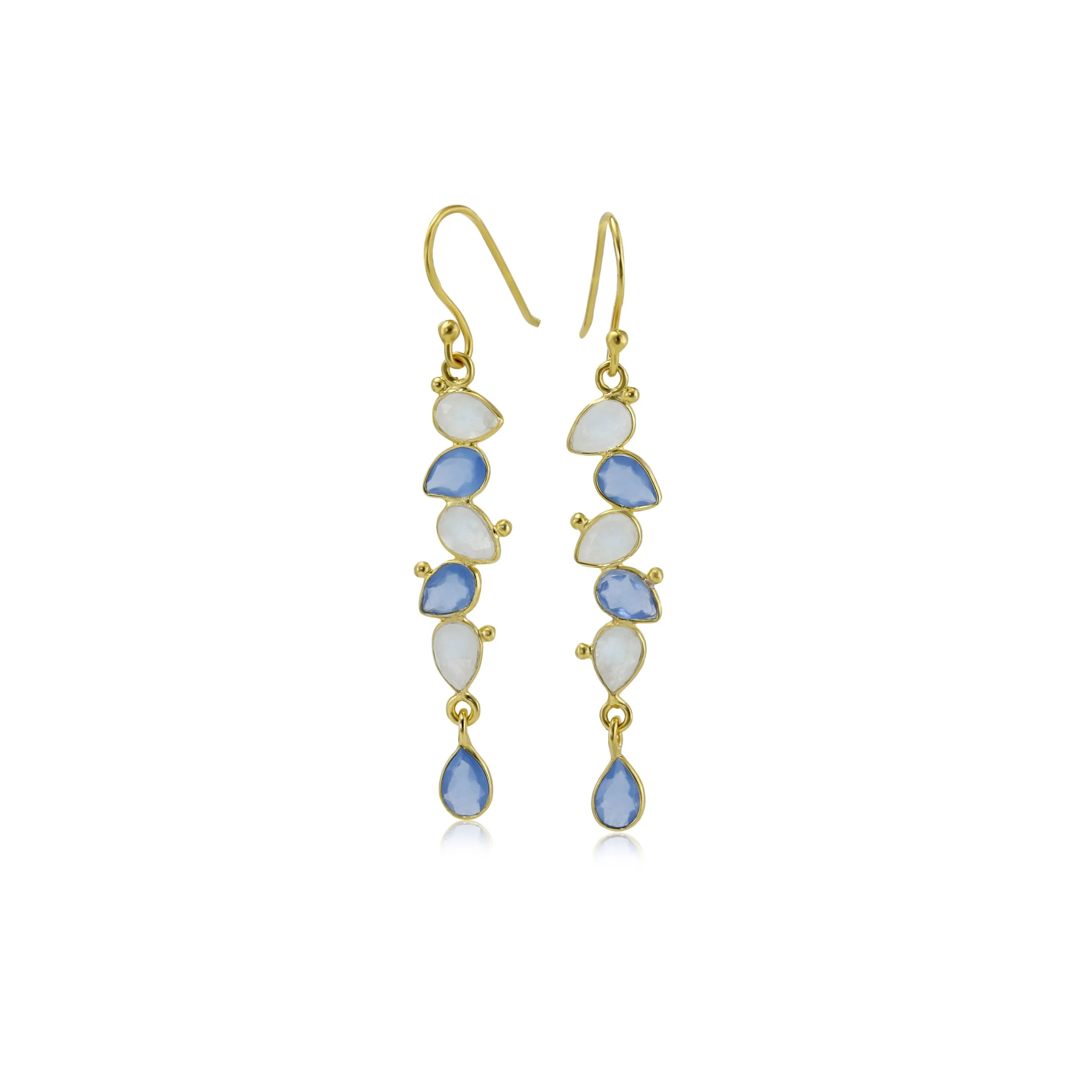 Banyan Teardrops Rainbow Moonstone and Blue Chalcedony Gold Drop Earrings