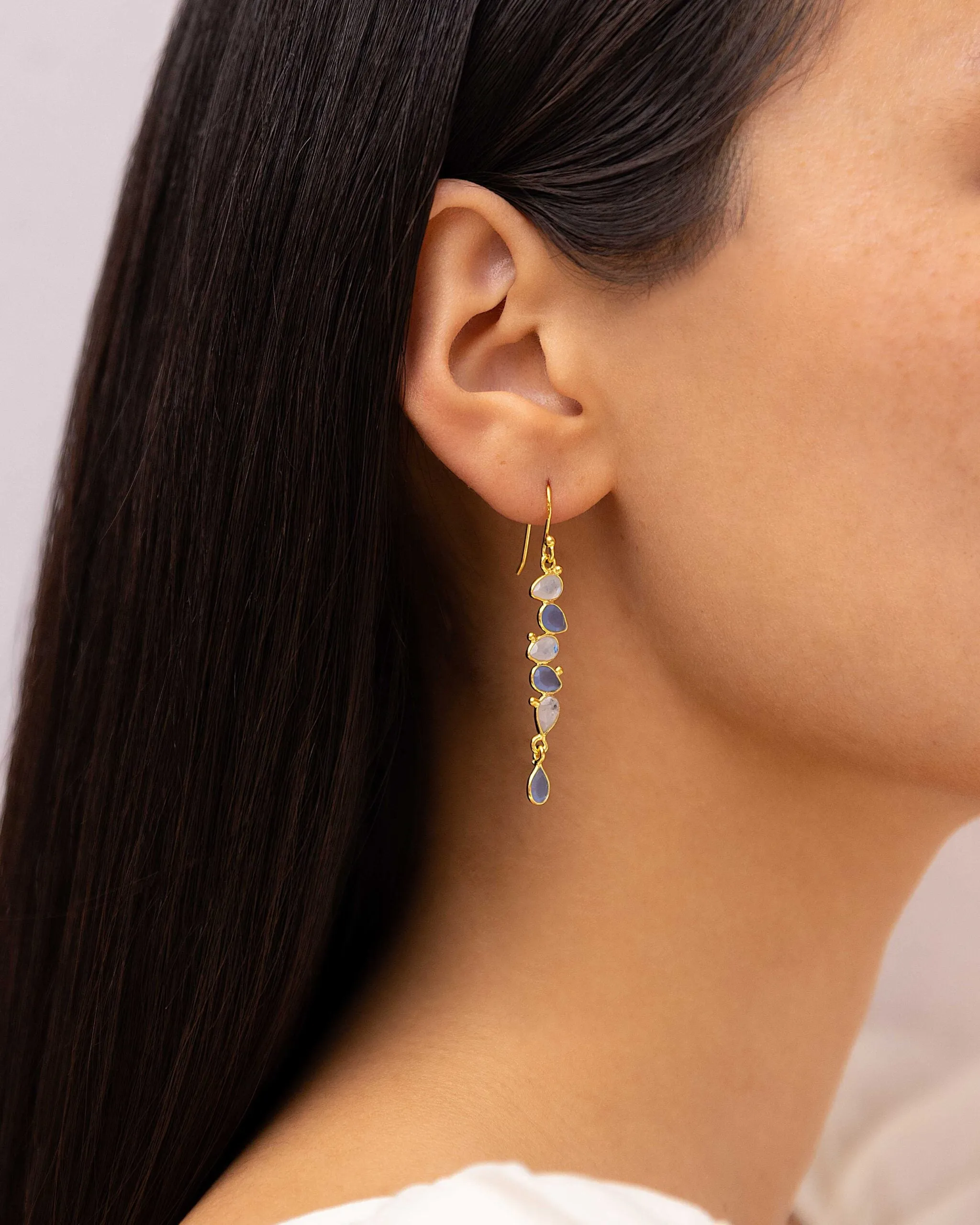 Banyan Teardrops Rainbow Moonstone and Blue Chalcedony Gold Drop Earrings