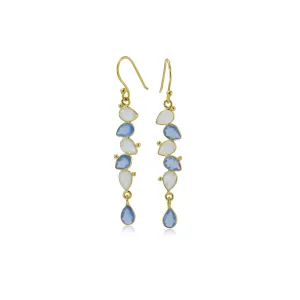 Banyan Teardrops Rainbow Moonstone and Blue Chalcedony Gold Drop Earrings