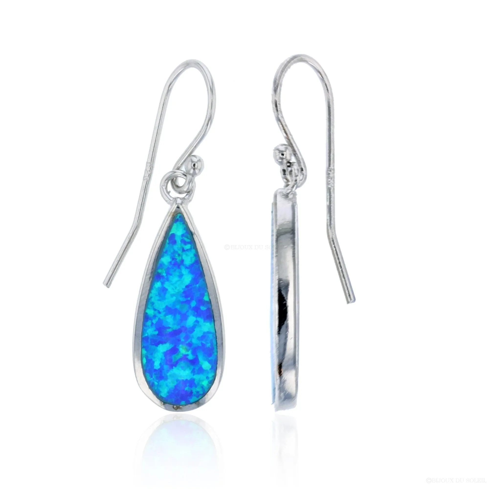 Bijoux Du Soleil Sterling Silver Rhodium Created Blue Opal Pear Fish Hook Earrings - 29x10mm