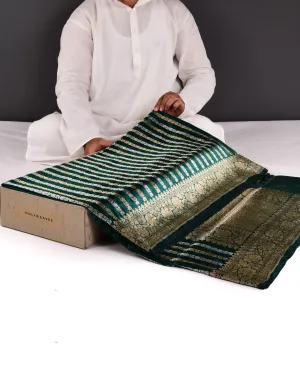 Bottle Green Banarasi Inlaid Stripes Gold and Silver Zari Kadhuan Brocade Handwoven Katan Silk Saree