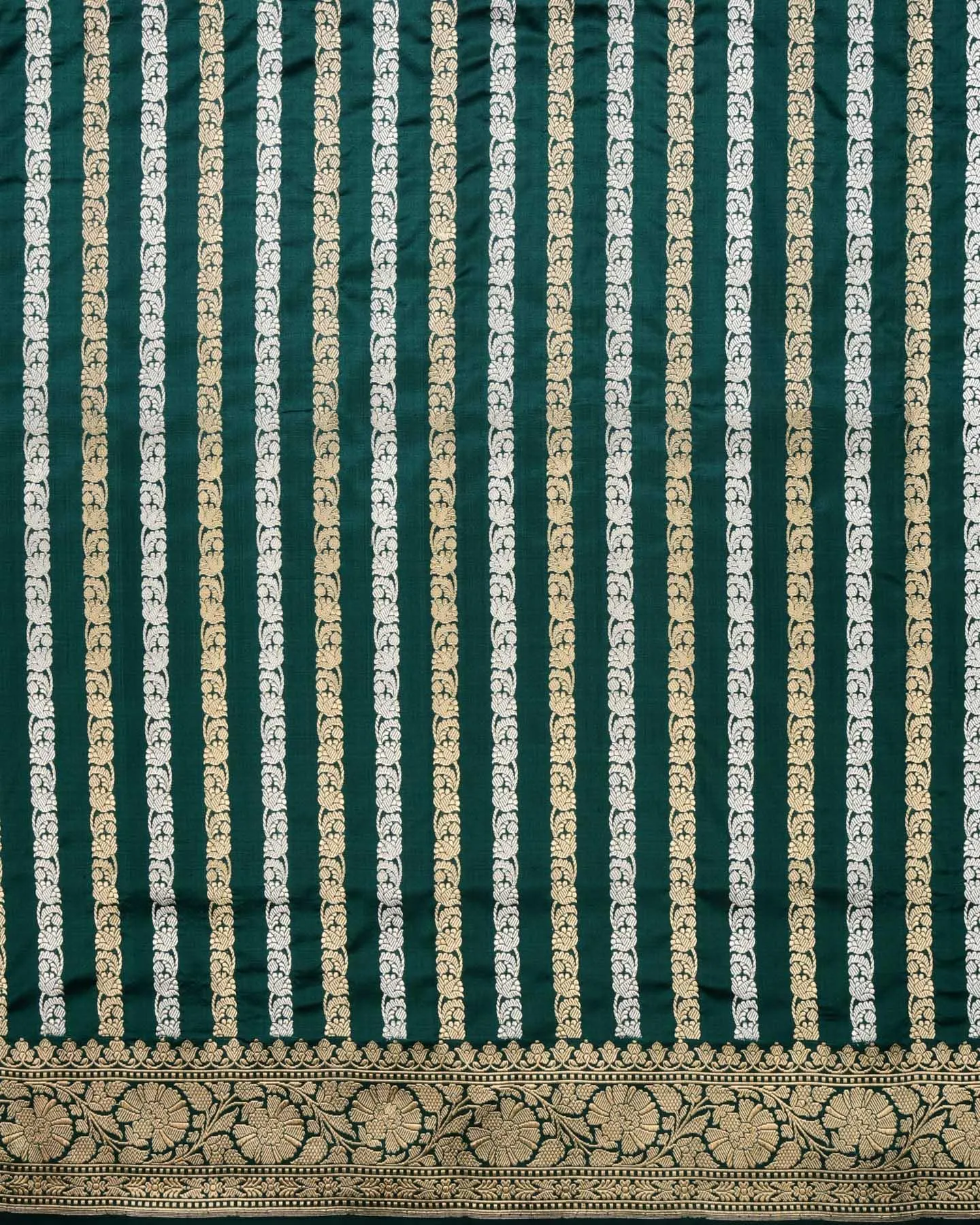 Bottle Green Banarasi Inlaid Stripes Gold and Silver Zari Kadhuan Brocade Handwoven Katan Silk Saree