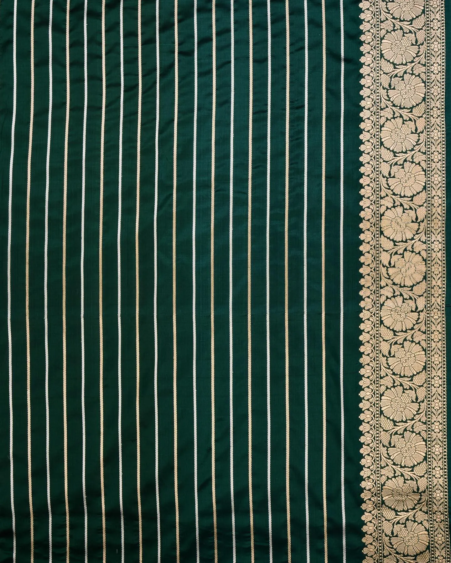 Bottle Green Banarasi Inlaid Stripes Gold and Silver Zari Kadhuan Brocade Handwoven Katan Silk Saree
