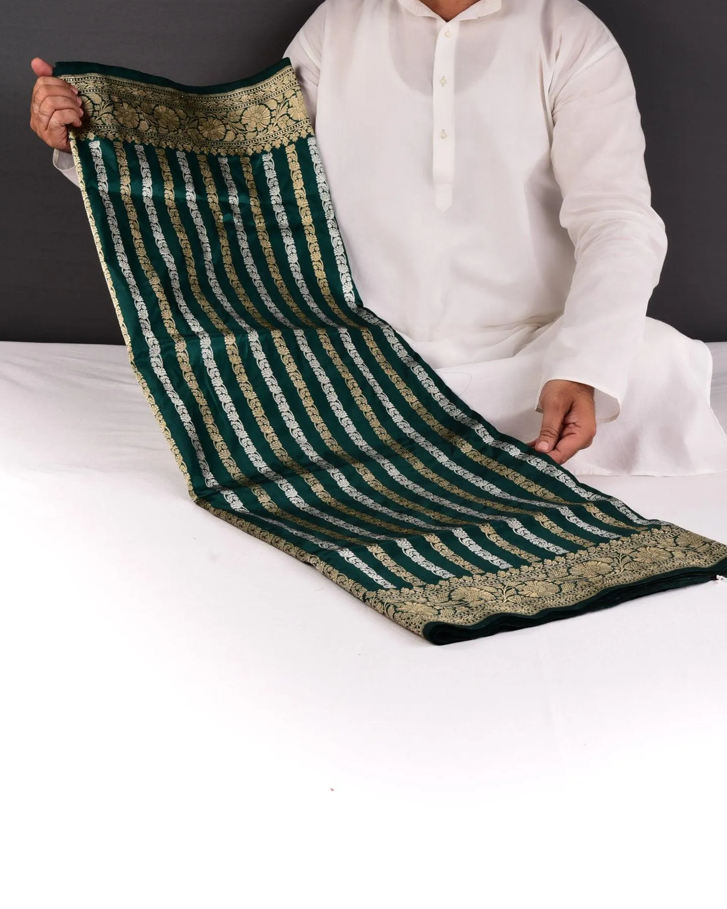 Bottle Green Banarasi Inlaid Stripes Gold and Silver Zari Kadhuan Brocade Handwoven Katan Silk Saree