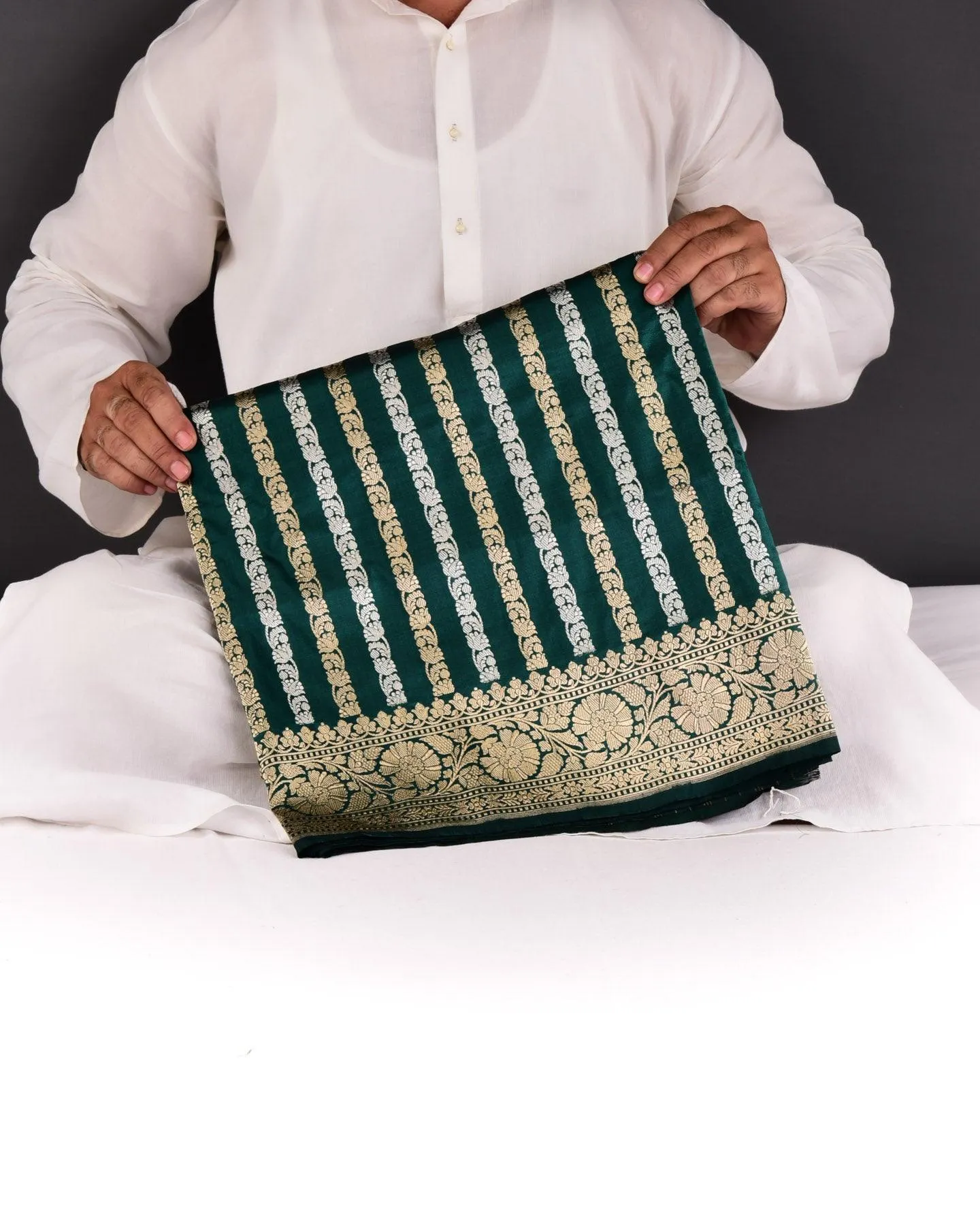 Bottle Green Banarasi Inlaid Stripes Gold and Silver Zari Kadhuan Brocade Handwoven Katan Silk Saree