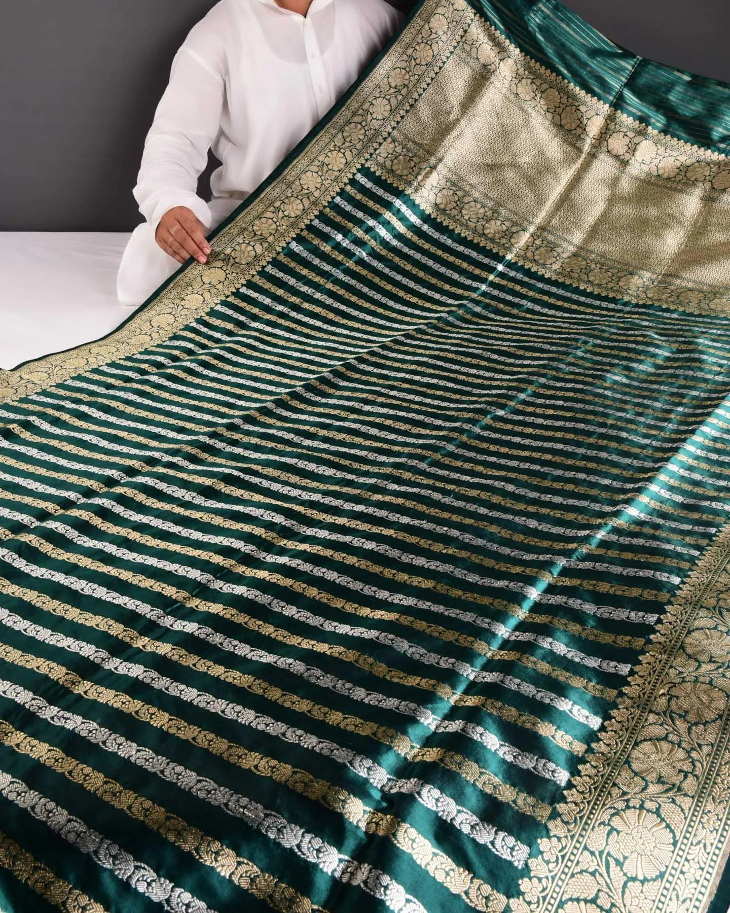 Bottle Green Banarasi Inlaid Stripes Gold and Silver Zari Kadhuan Brocade Handwoven Katan Silk Saree