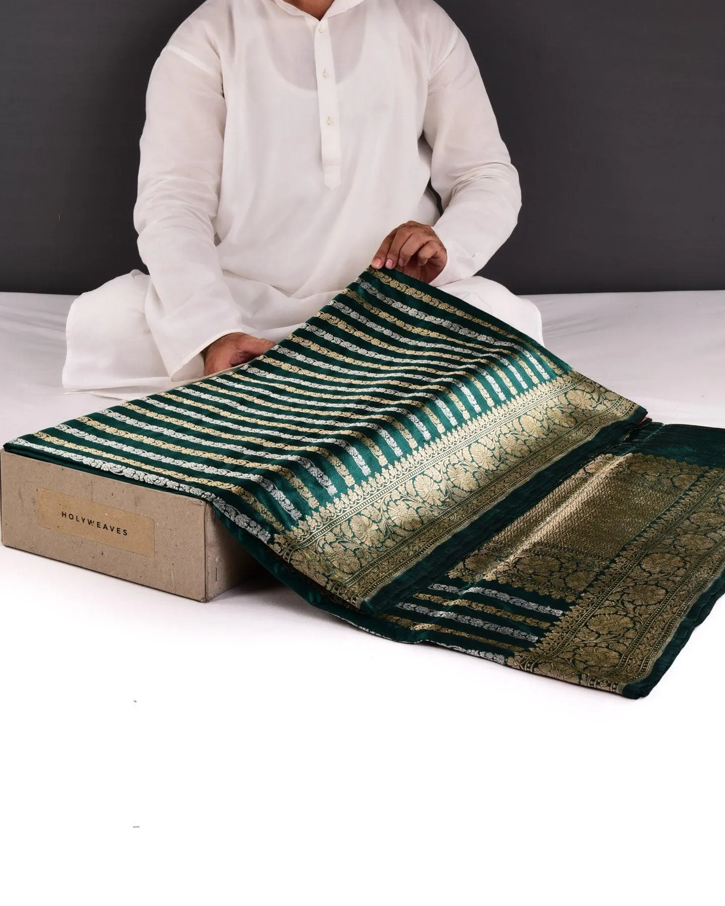 Bottle Green Banarasi Inlaid Stripes Gold and Silver Zari Kadhuan Brocade Handwoven Katan Silk Saree