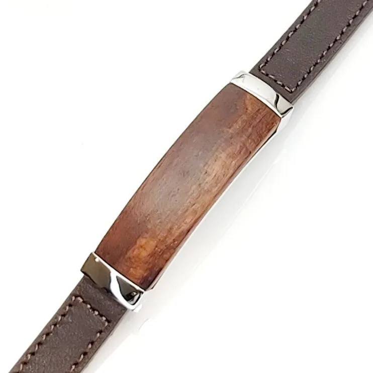 Brown Leather Leopard Wood Inlay and  Stainless Steel Bracelet