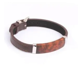 Brown Leather Leopard Wood Inlay and  Stainless Steel Bracelet