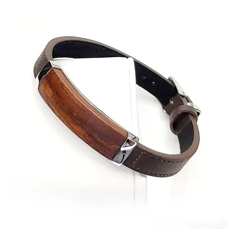 Brown Leather Leopard Wood Inlay and  Stainless Steel Bracelet