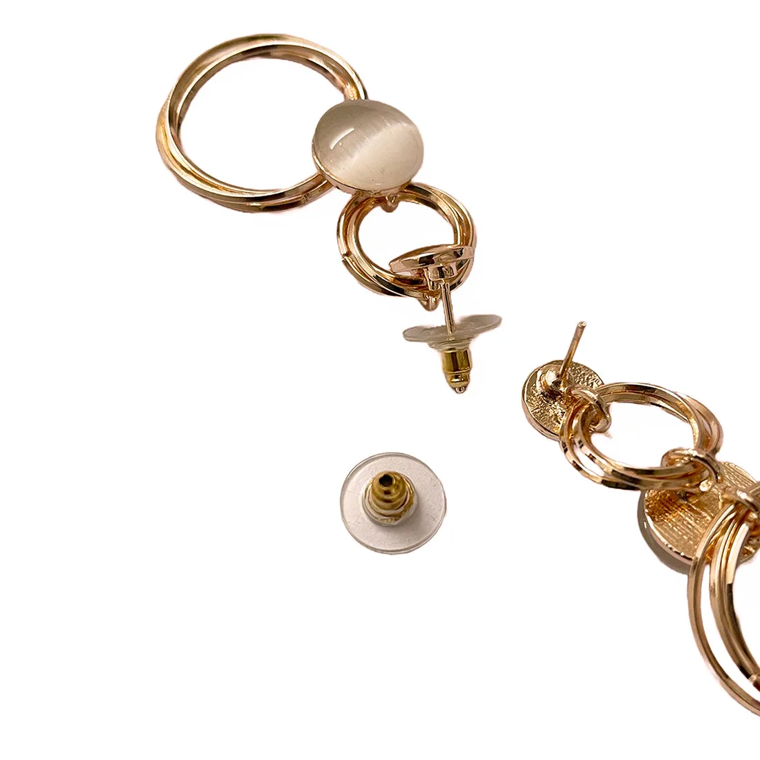 Circular Layered White Moonstone Studded Rose Gold-Toned Drop Earrings