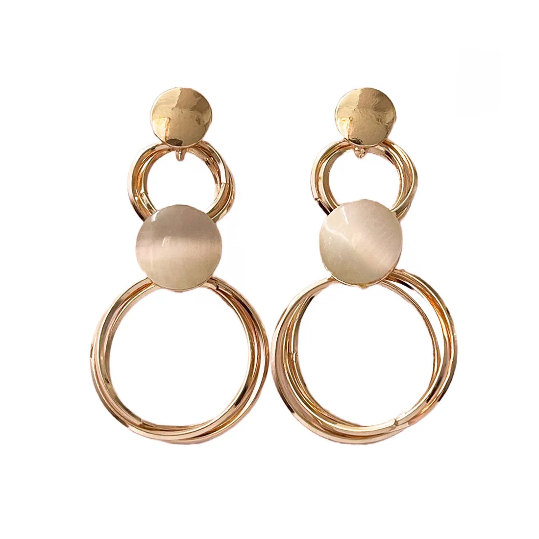 Circular Layered White Moonstone Studded Rose Gold-Toned Drop Earrings