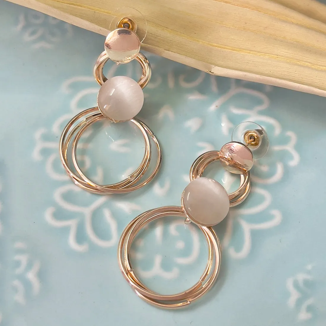 Circular Layered White Moonstone Studded Rose Gold-Toned Drop Earrings