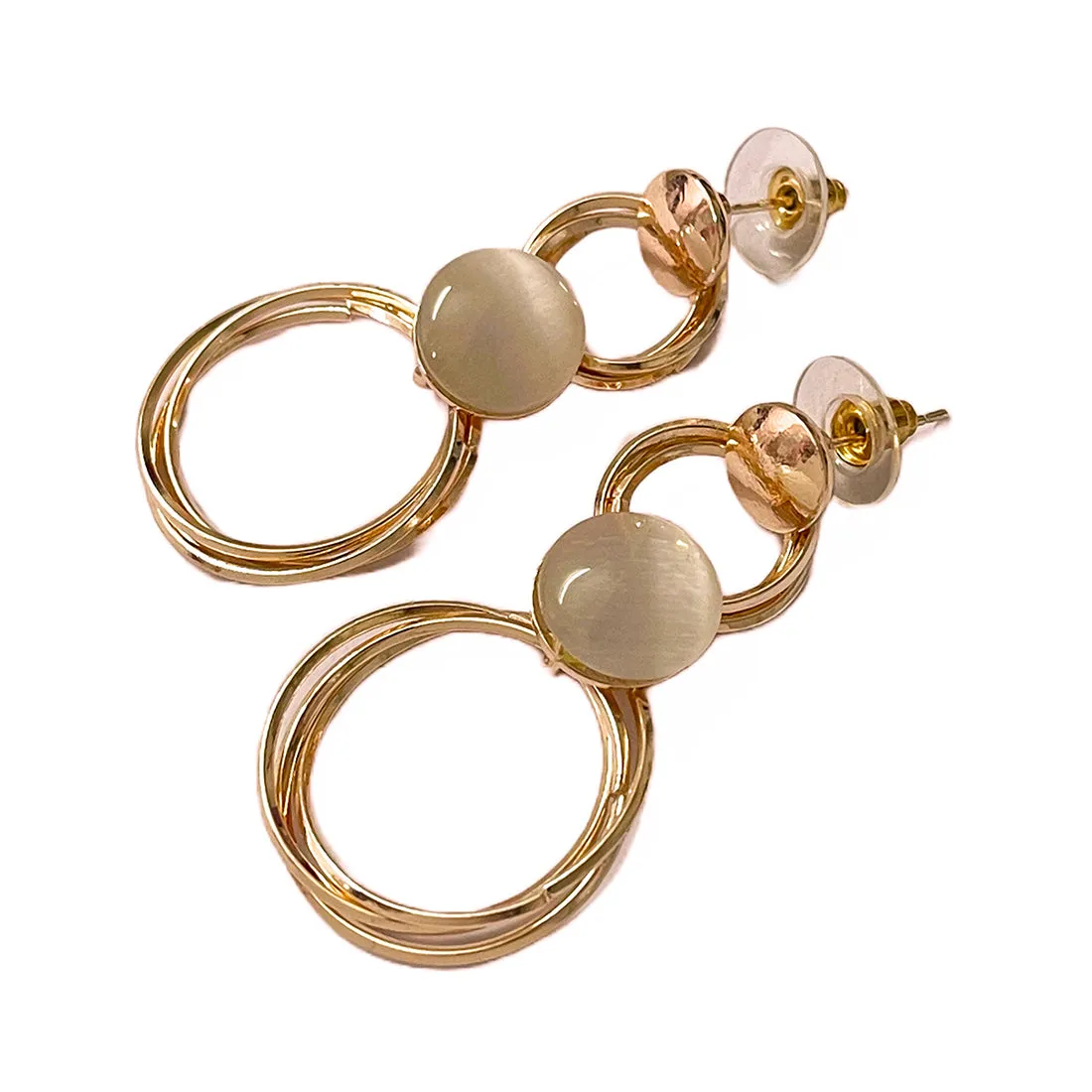 Circular Layered White Moonstone Studded Rose Gold-Toned Drop Earrings