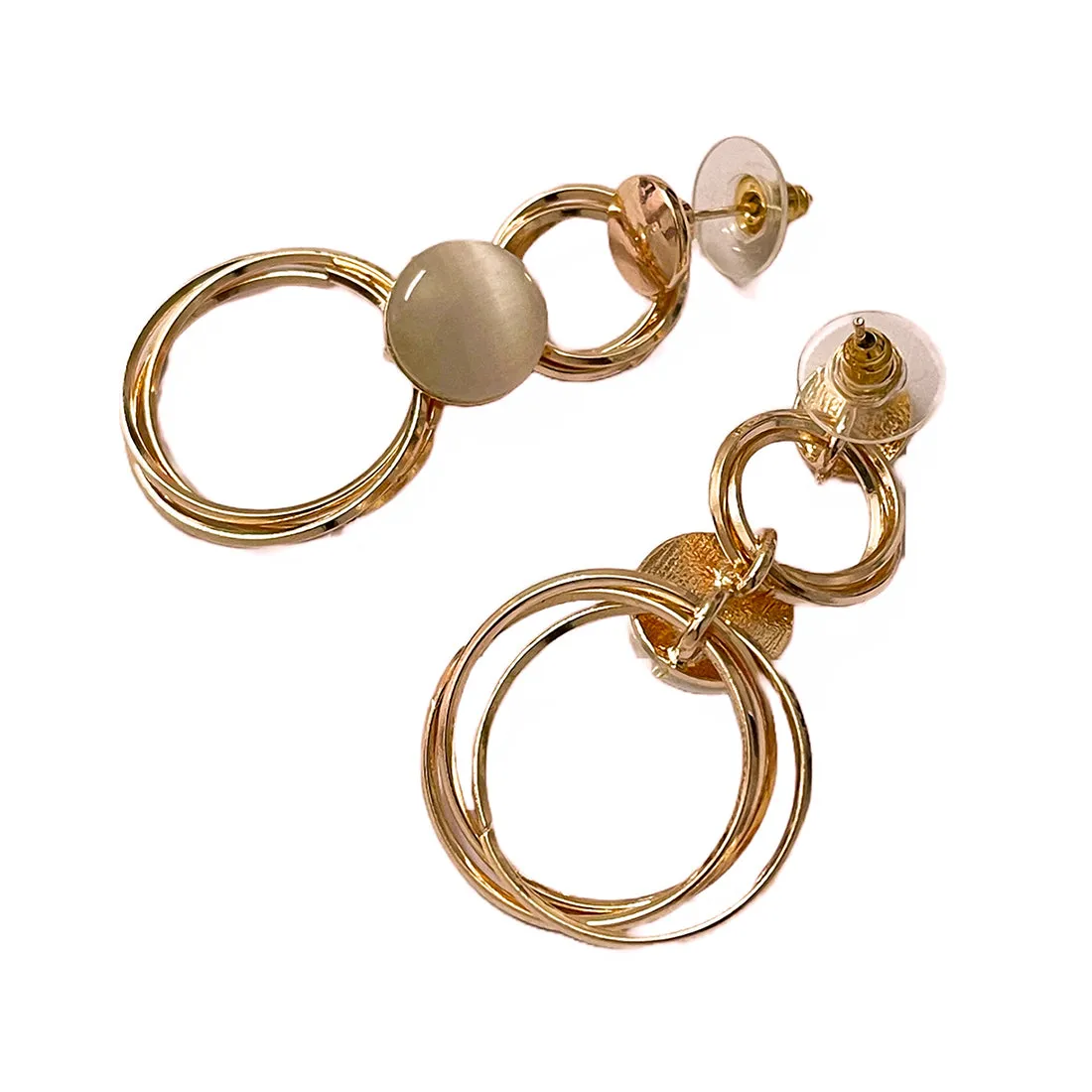 Circular Layered White Moonstone Studded Rose Gold-Toned Drop Earrings