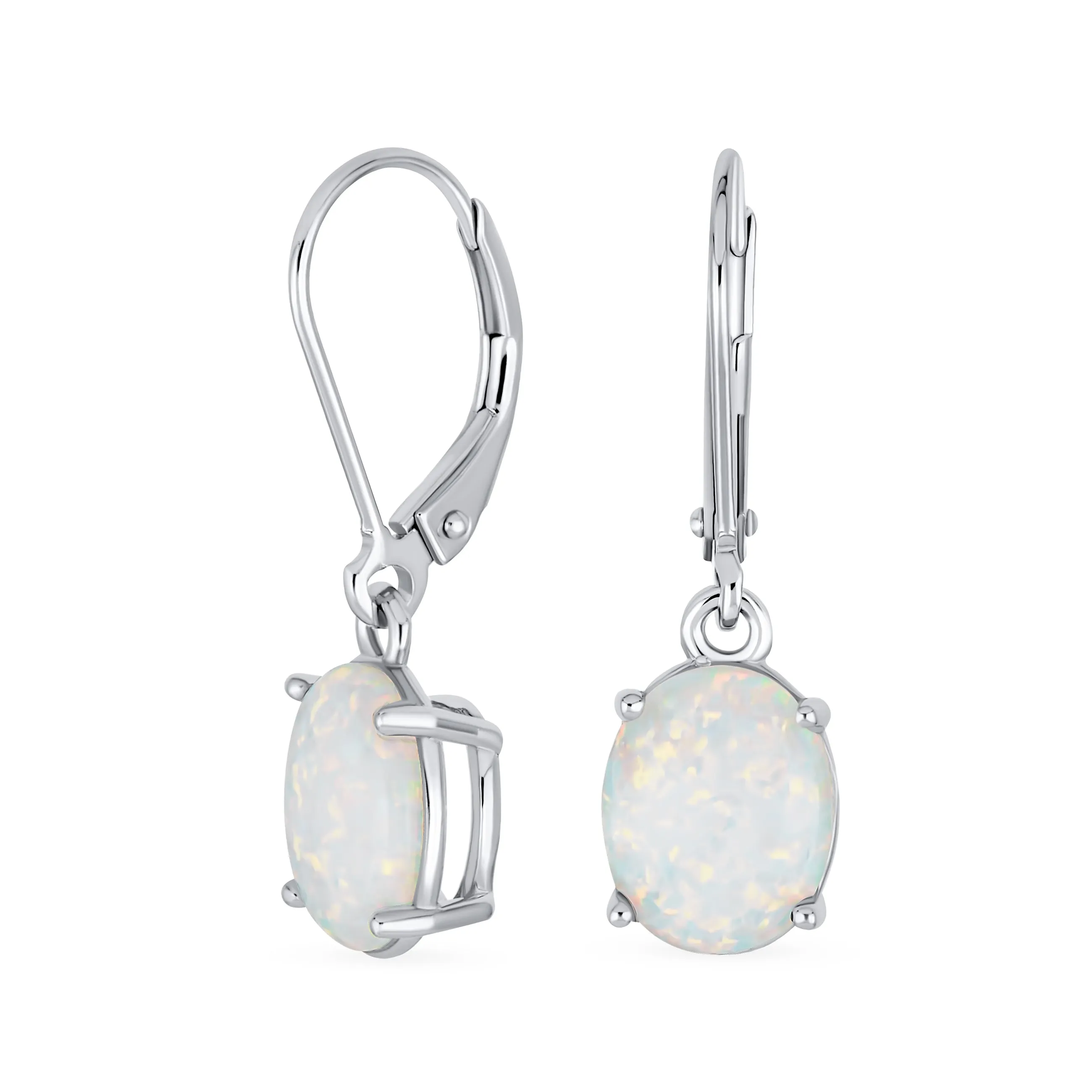 Classic White Opal Oval Solitaire Dangle Gemstone Earrings in Sterling Silver