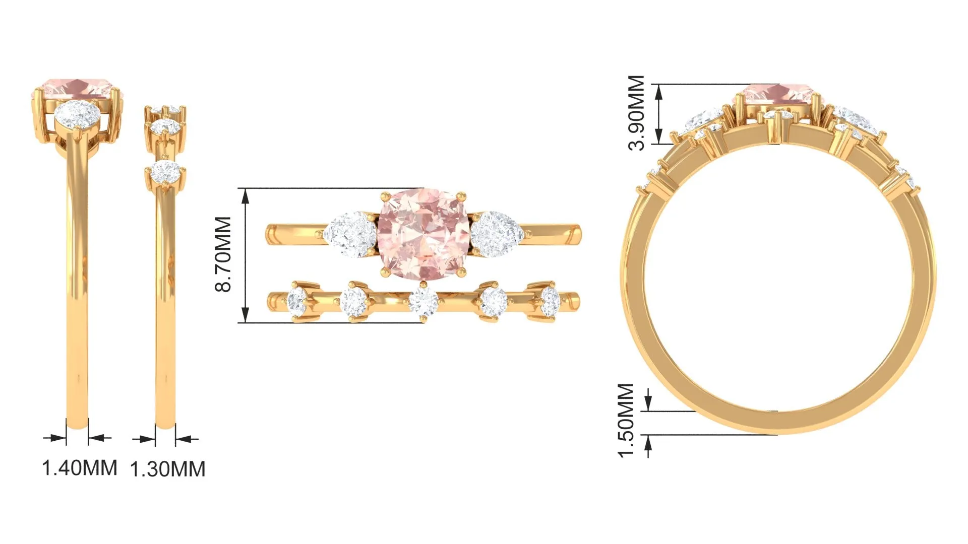 Cushion Cut Morganite Ring Set with Diamond