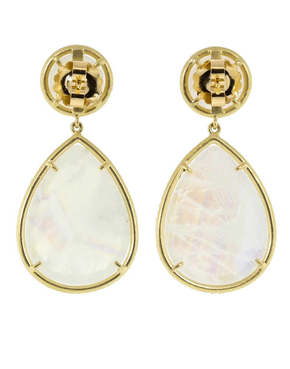 Double Drop Rose Cut Rainbow Moonstone Earrings