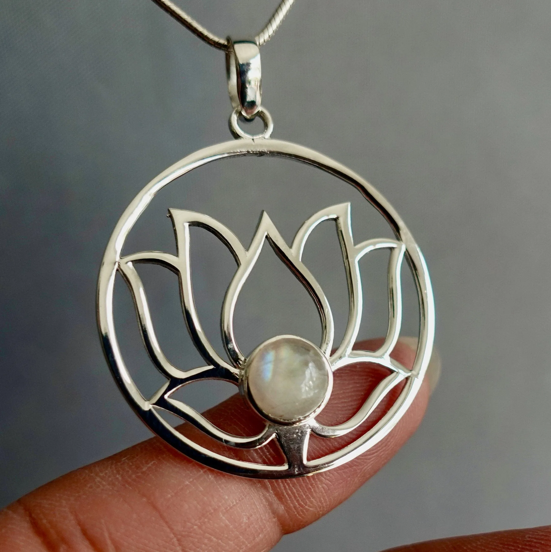 Large Moonstone Lotus Flower Silver Pendant, P23M