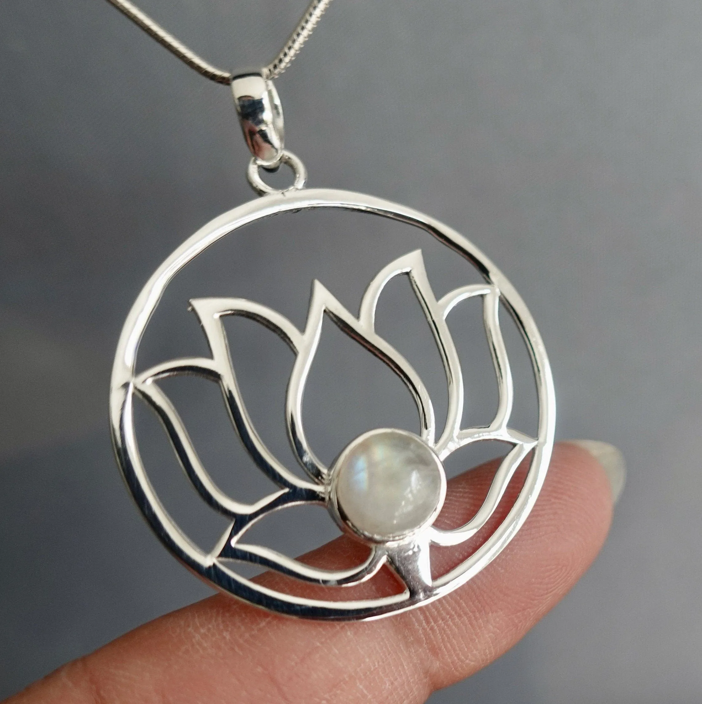 Large Moonstone Lotus Flower Silver Pendant, P23M