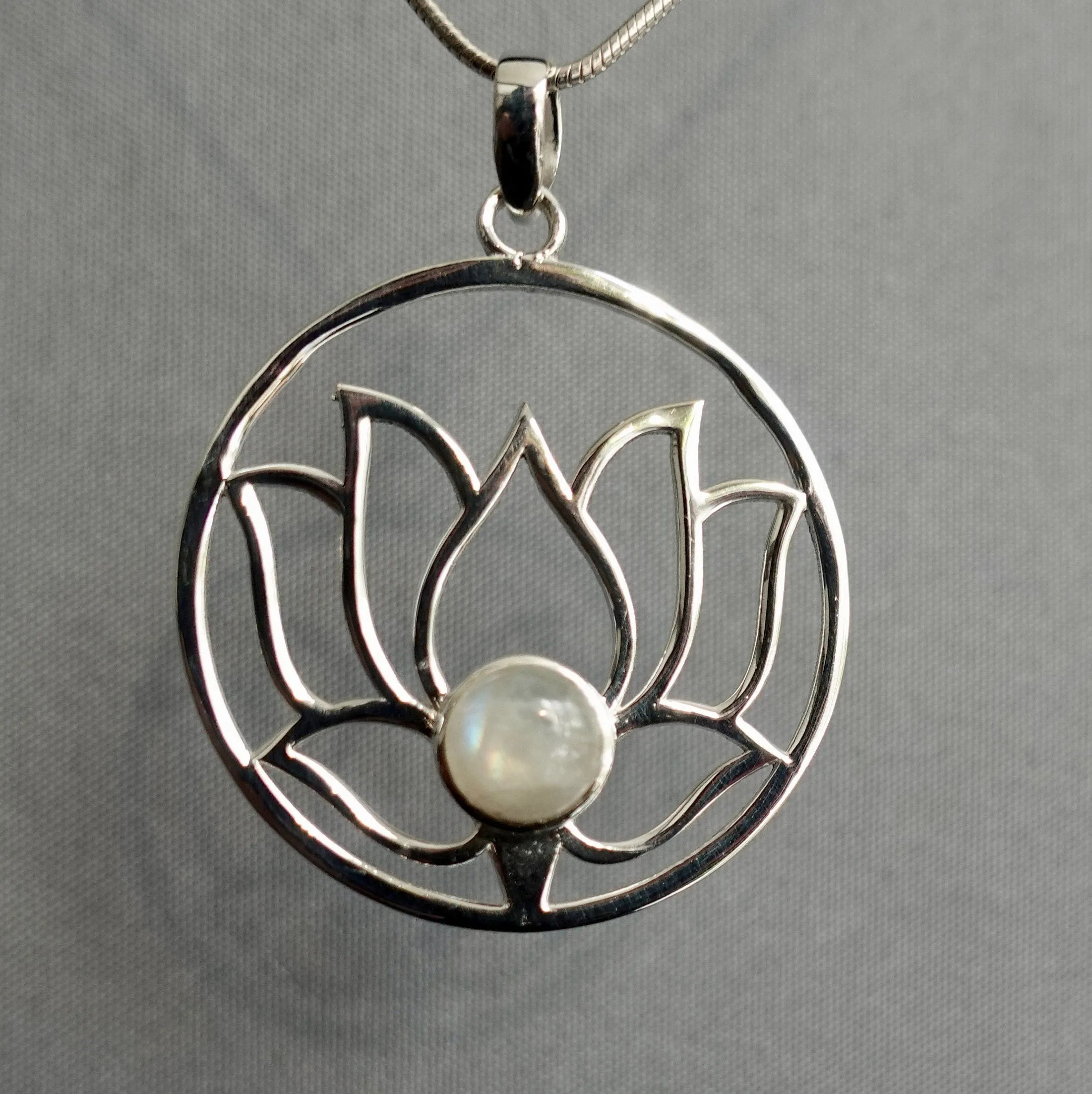 Large Moonstone Lotus Flower Silver Pendant, P23M