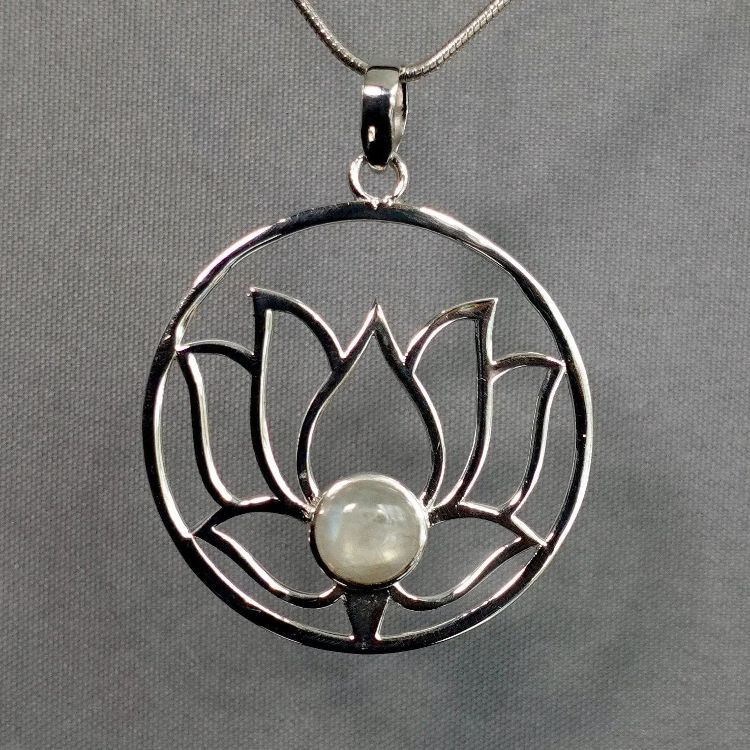 Large Moonstone Lotus Flower Silver Pendant, P23M