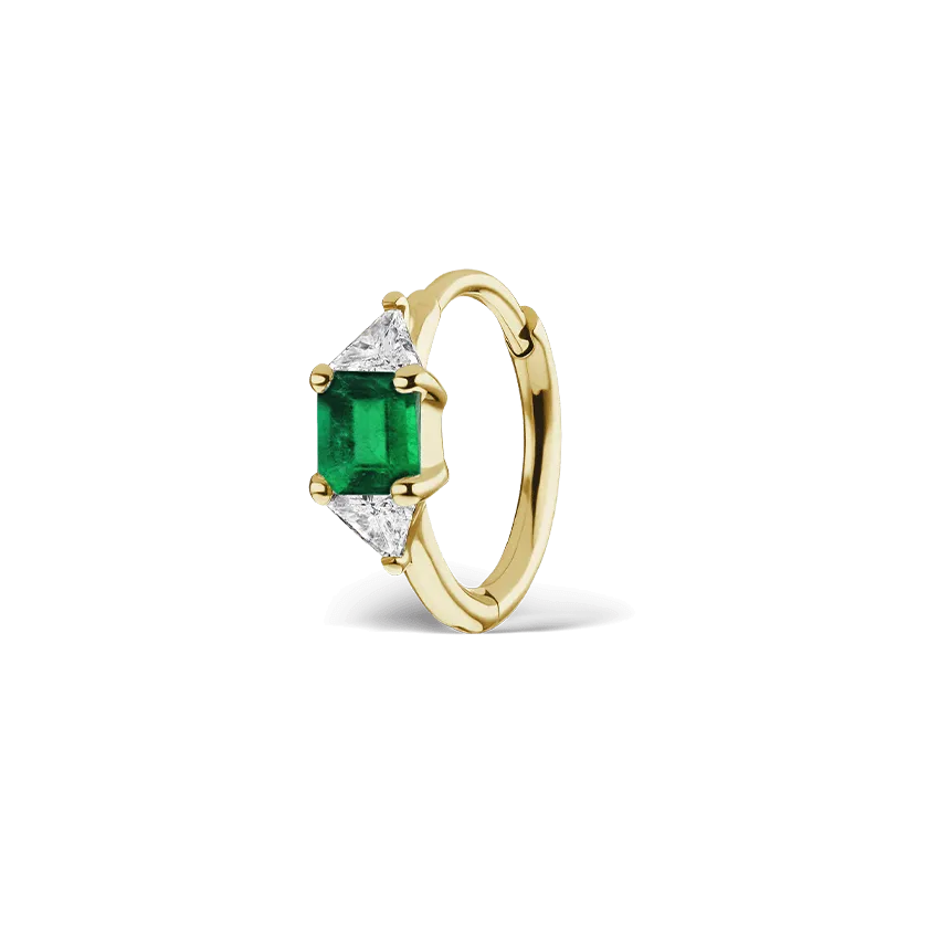 Maria Tash 3mm Emerald and Diamond Princess Triangle Hoop (Non-Rotating)