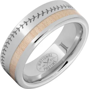 National Pastime Collection Serinium® Ring with Maple Vintage Baseball Bat Wood Inlay and Baseball Stitch Engraving